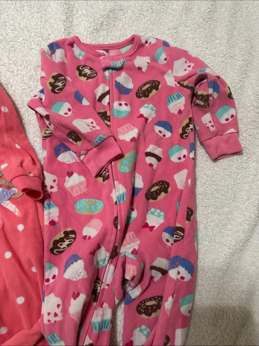 2 fleece Carter’s Pink Girls' One-Piece Footed Sleepers -Cute Cupcake &Polka Dot